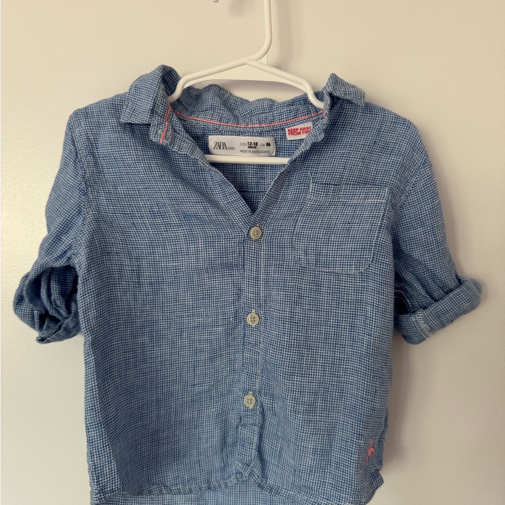 Zara 12-18 M Blue Button Down Houndstooth Shirt with Collared Neckline